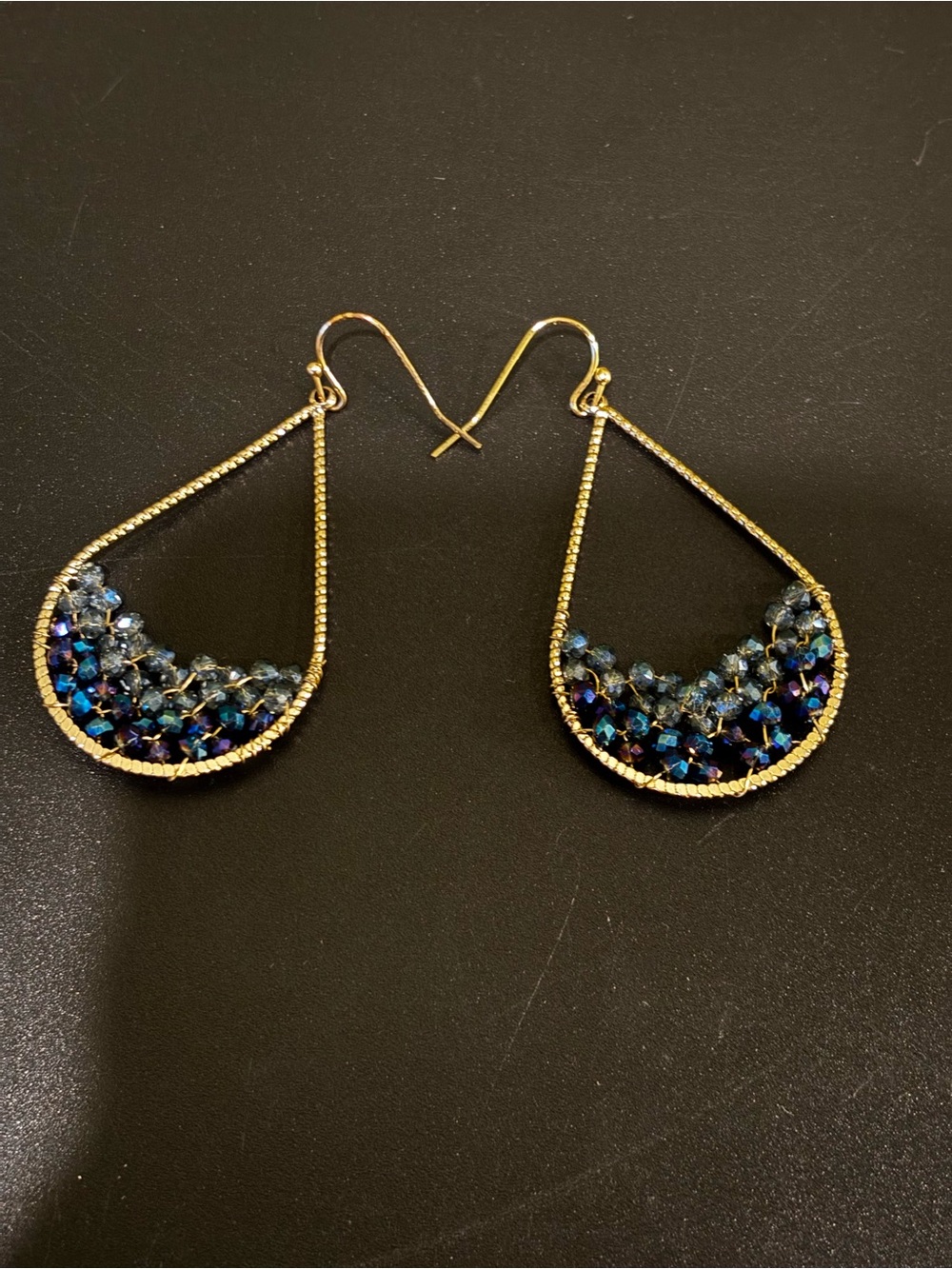 Gold Teardrop Earrings with Blue Crystal Beads
